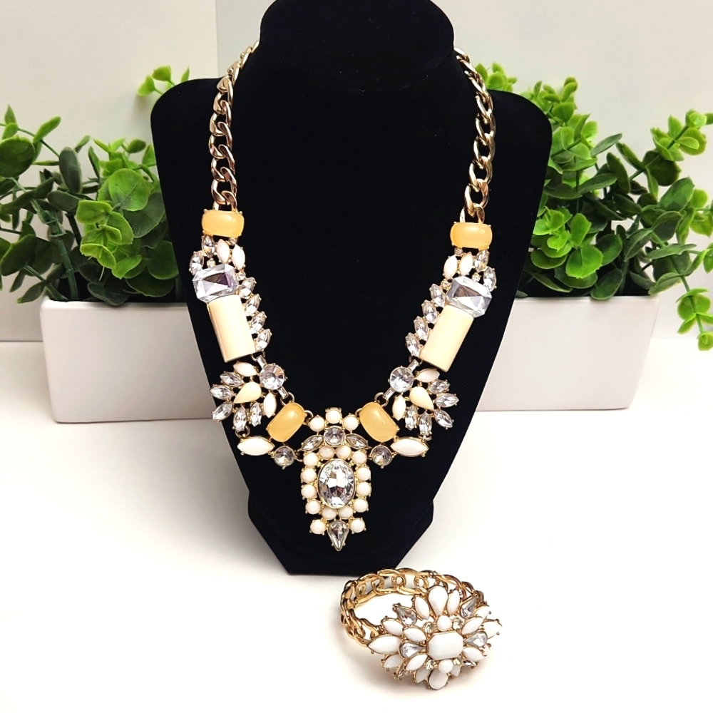Vintage Gold Tone Rhinestone Cabochon Statement Necklace and Bracelet